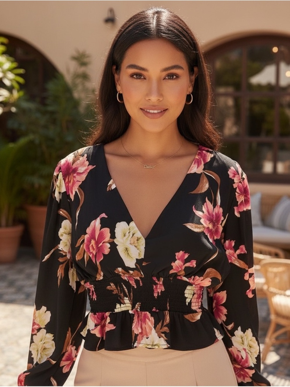 Medium AFRM Floral Peplum Smocked Blouse